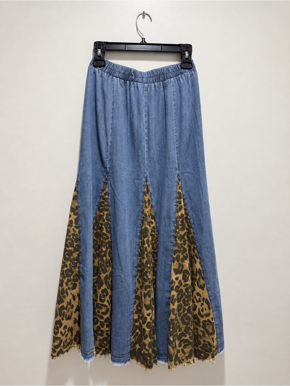 ODDI NWT Denim Leopard Print Godet Maxi Skirt Size M